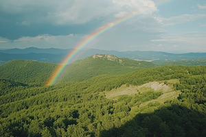 Beautiful rainbow on top of green forest and mountains, a Nature Photo by AlyaAnd