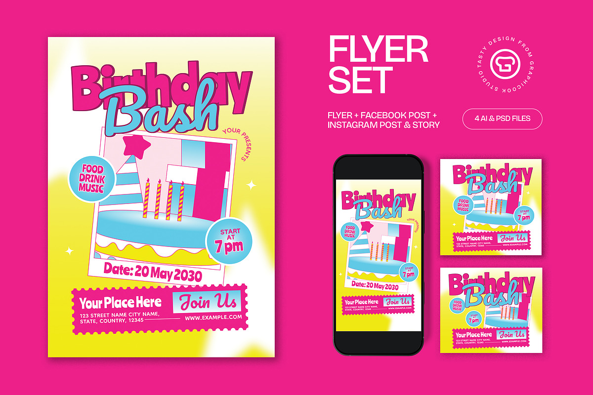 Yellow Pink Birthday Bash Flyer Set, a Flyer Template by graphicook (Photo 2 of 6)