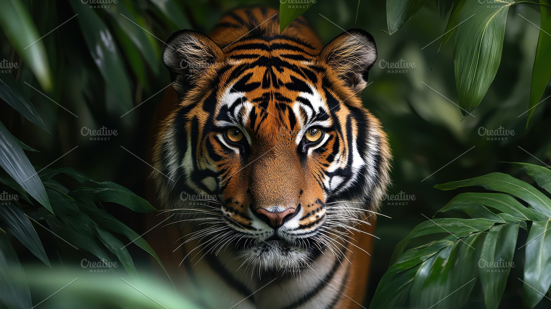 Tiger portrait amidst lush foliage,, an Animal Photo by Pixeness Studio