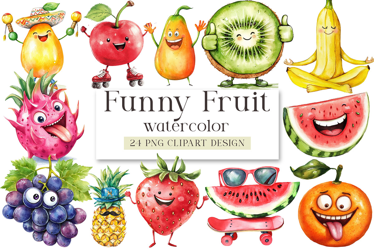 Funny Fruit Watercolor Clipart Bundl, an Illustration by DreamArtGraphic (Photo 1 of 4)
