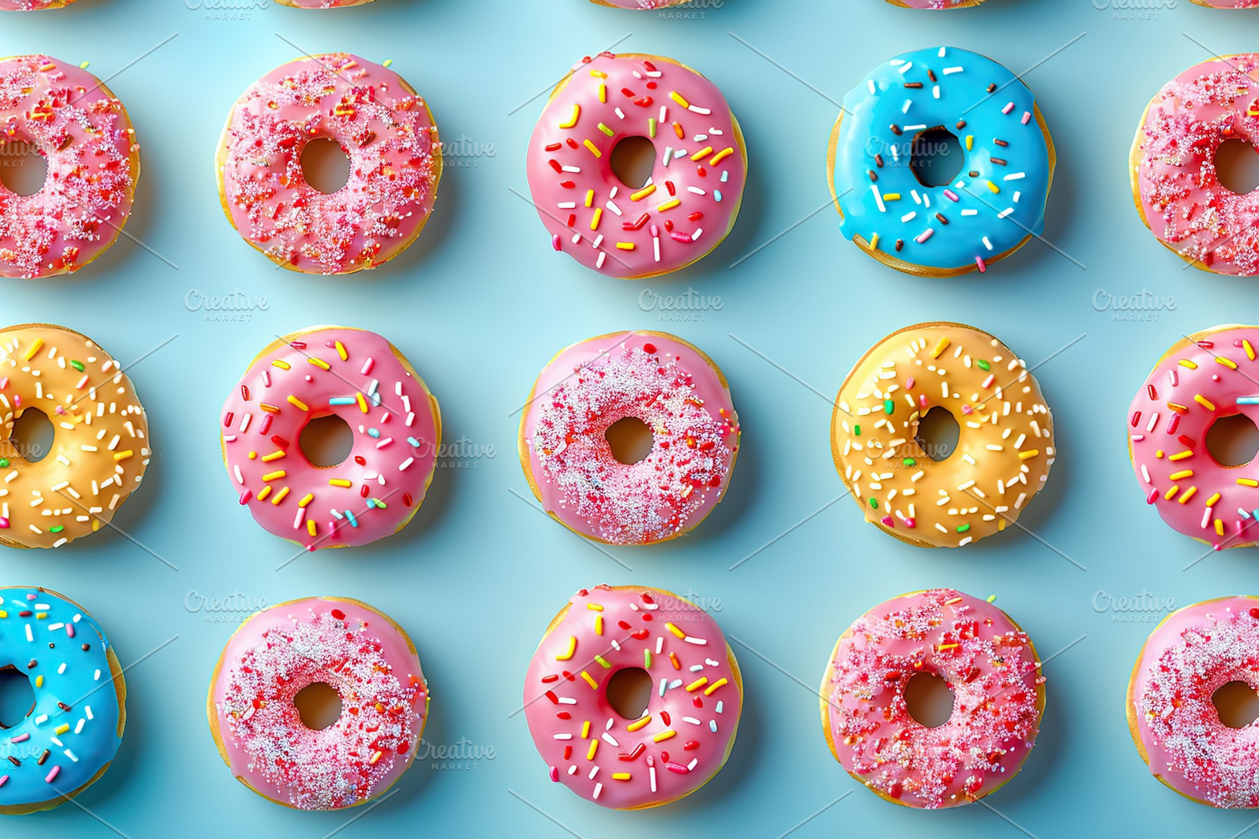 Pattern of sweet and colorful donuts, a Food & Drink Photo by AlyaAnd