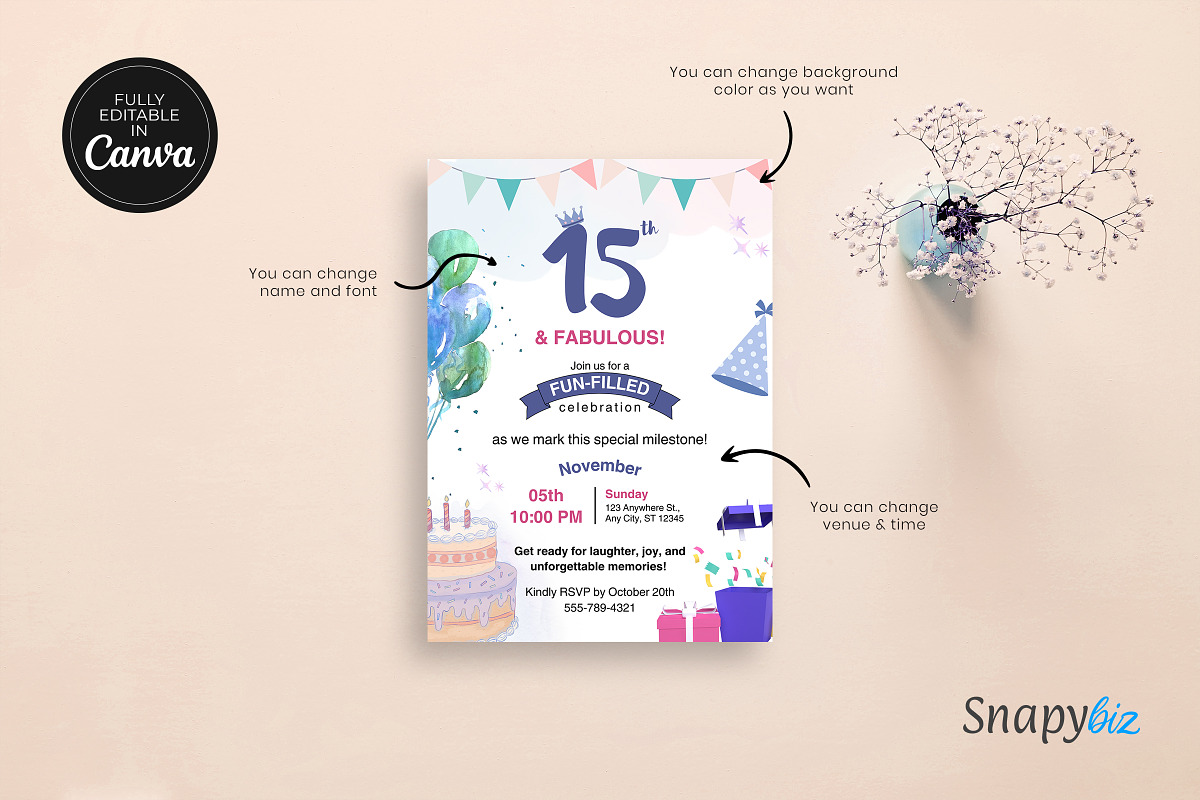 15th Birthday Invitation Card Temp, an Invitation Template by Snapybiz (Photo 8 of 9)