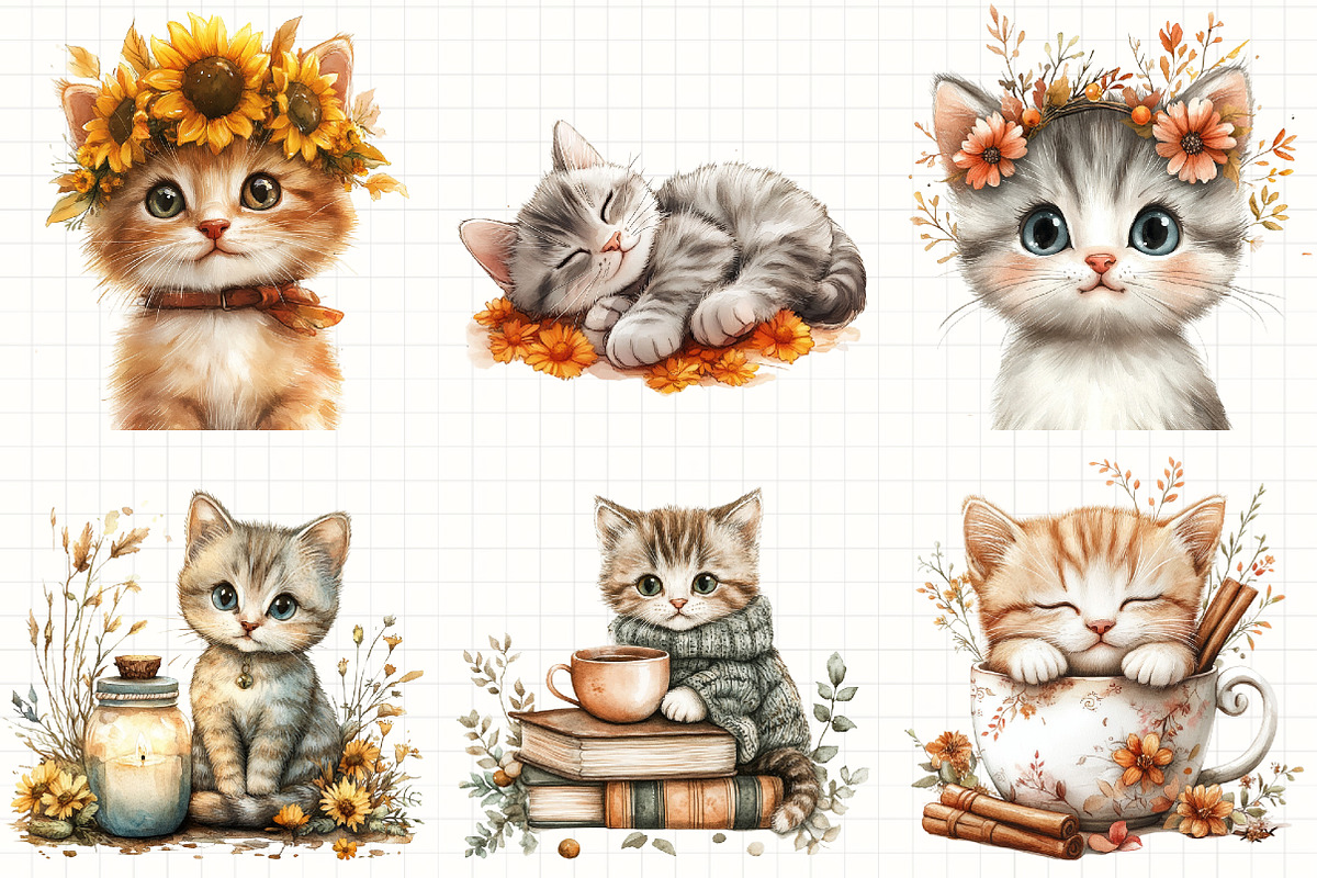 Cute Autumn Kitten Clipart, an Illustration by Libby Wishes (Photo 2 of 6)