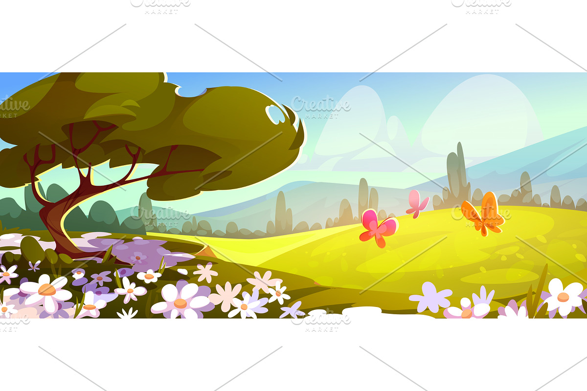 Spring green grass meadow landscape, an Illustration by art PVP - market
