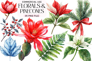 Festive Florals & Pinecones Clipart, an Illustration by Daily.Designs