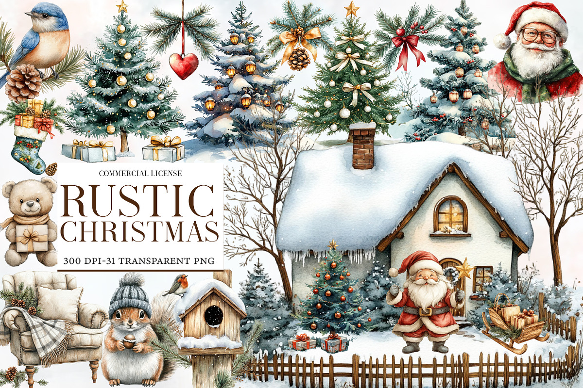 Rustic Christmas Watercolor Clipart, an Illustration by Designworld (Photo 1 of 5)