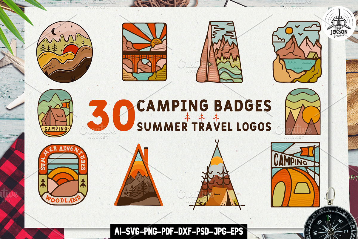 Camping Badges. Summer Travel Logos, a Branding & Logo Template by JeksonGraphics (Photo 1 of 7)