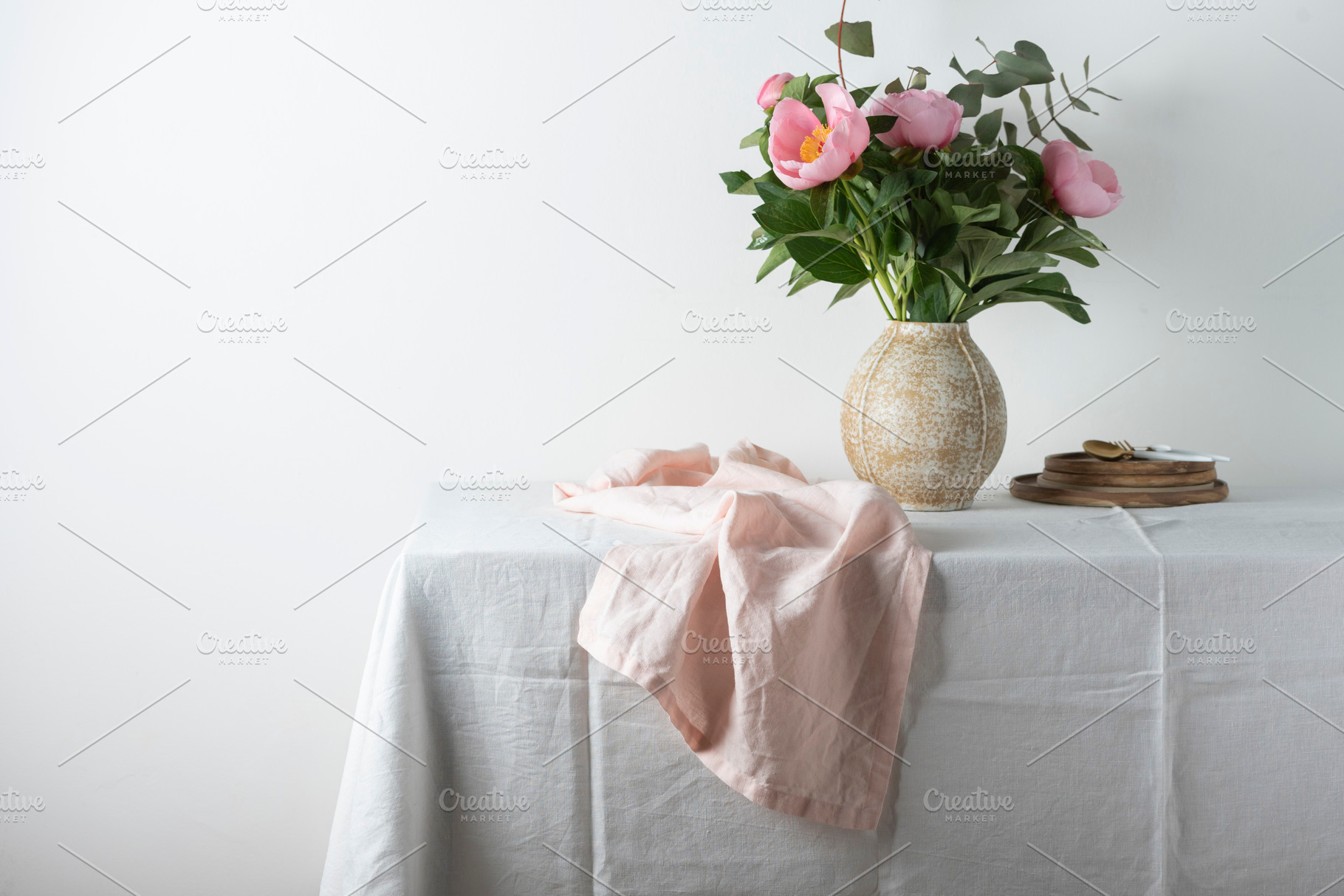 Elegant pink linen runner on the white tablecloth, a Beauty & Fashion Photo by oxana.denezhkina