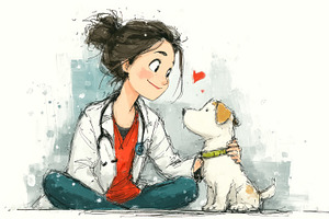 Female veterinarian sitting with puppy sharing loving moment hea, an Animal Photo by José Manuel Gelpi