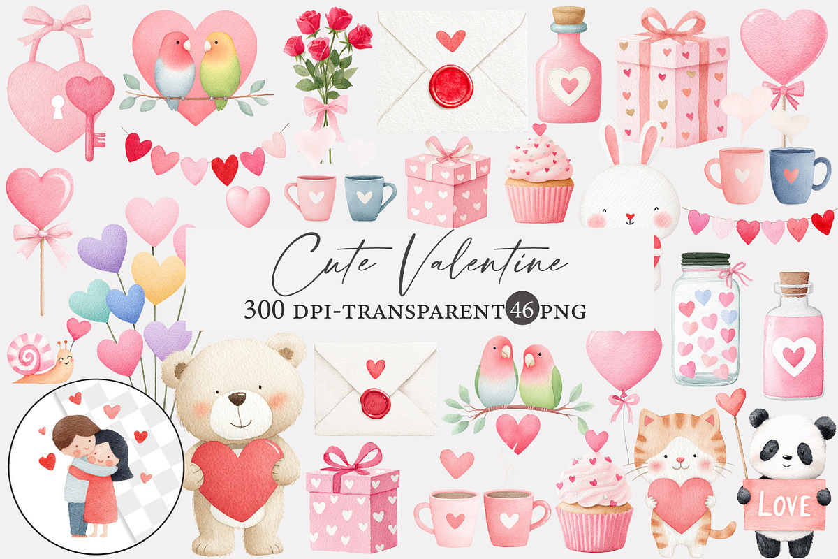 Watercolor cute Valentine clipart, an Illustration by Designworld (Photo 1 of 5)