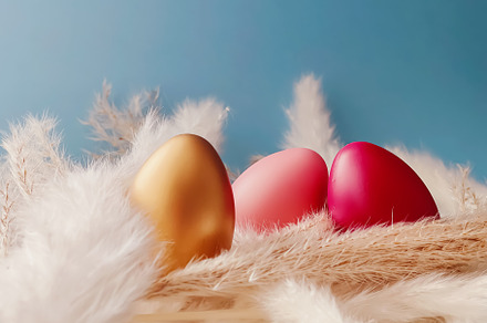 Happy Easter. Colourful painted easter eggs on rustic background, a Holiday Photo by Anneleven