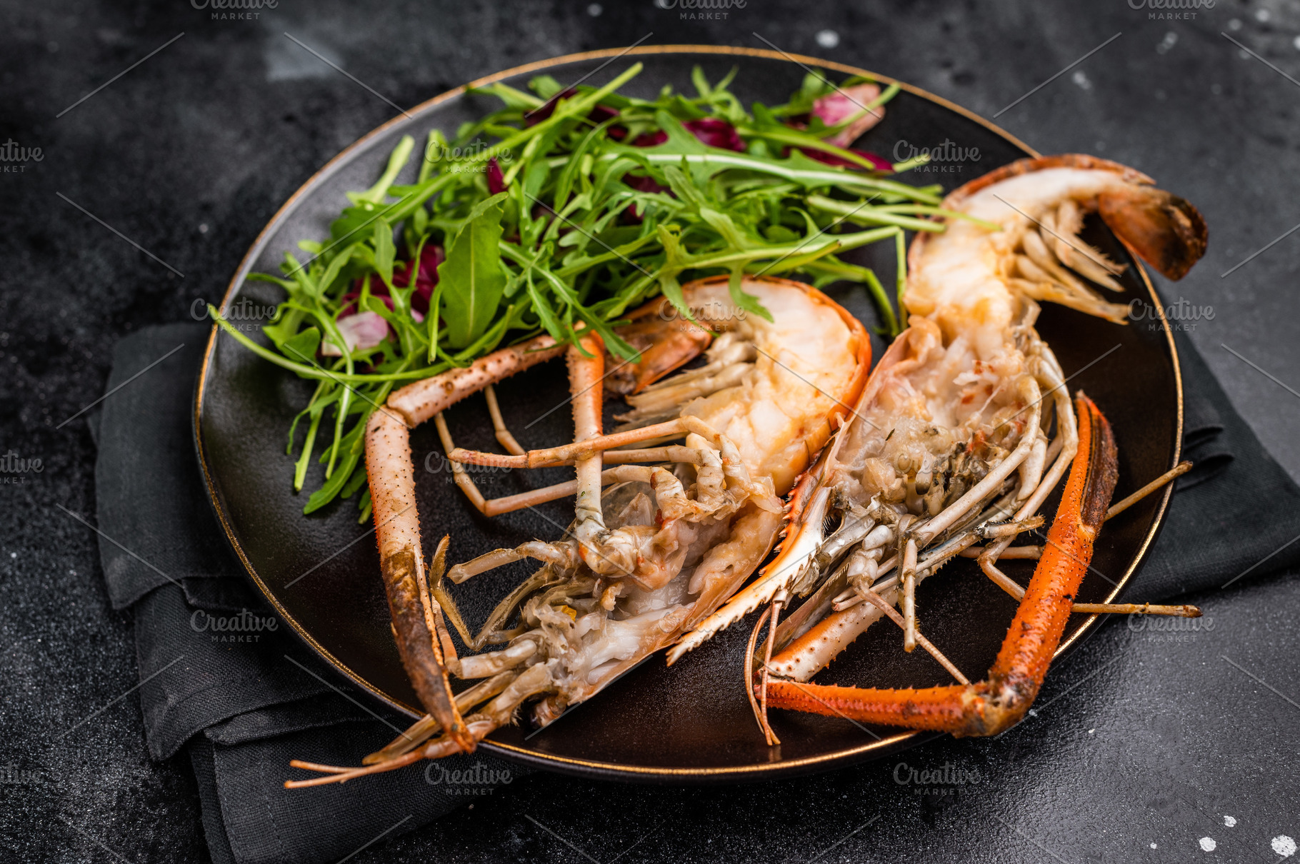 Elegant plate of grilled rosenbergii prawns shrimps garnished wi, a Food & Drink Photo by composter-box@mail.ru