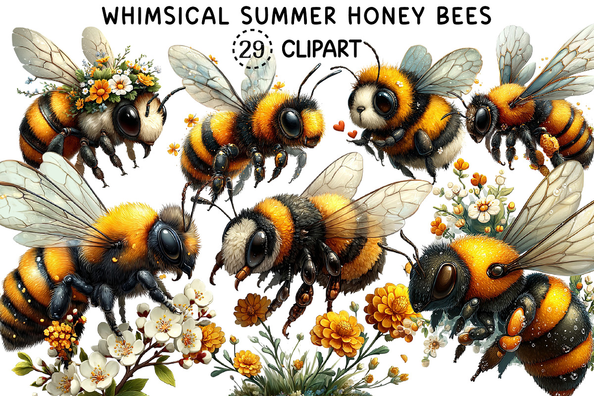 Whimsical Summer Honey Bees Clipart, an Animal Illustration by Creative Art (Photo 1 of 8)