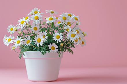 Fresh daisy flowers in pot on pink background, a Nature Photo by AlyaAnd