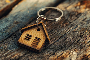 Wooden House Keychain on Textured Wooden Surface, an Abstract Photo by Natalia Klenova's Shop