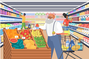 Shopping supermarket elderly, a Food Illustration by Lemberg Vector