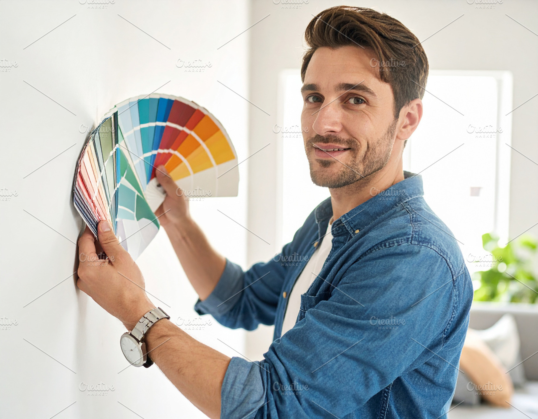 Home decorator showing wall paint samples to homeowners inside a, a Person Photo by DanFLCreativo