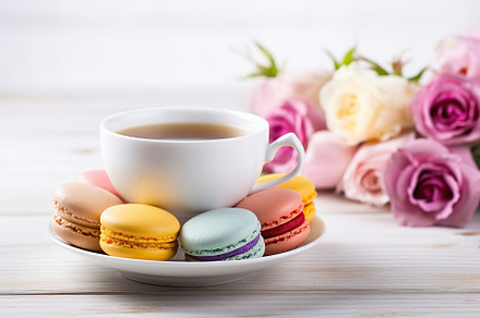 Colorful macarons with cup of tea on wooden background, a Food & Drink Photo by AlyaAnd