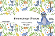 Blue monkeys - watercolor patterns, a Pattern Graphic by ramika (Thumbnail 1 of 7)