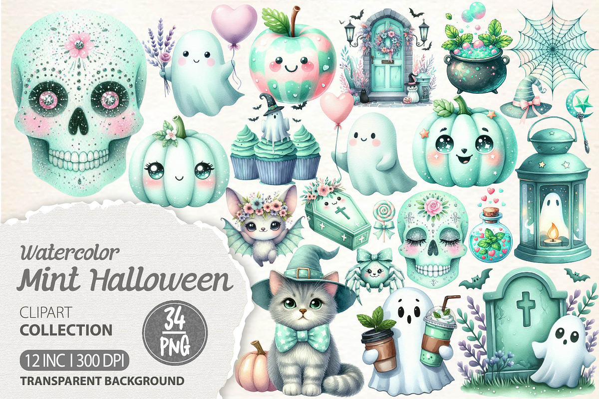 Pastel Mint Halloween Clipart, an Illustration by Dream Creation (Photo 1 of 7)