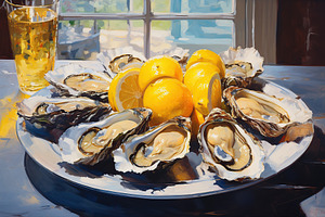 Illustration of fresh oysters with lemon on blue background, a Food & Drink Photo by AlyaAnd