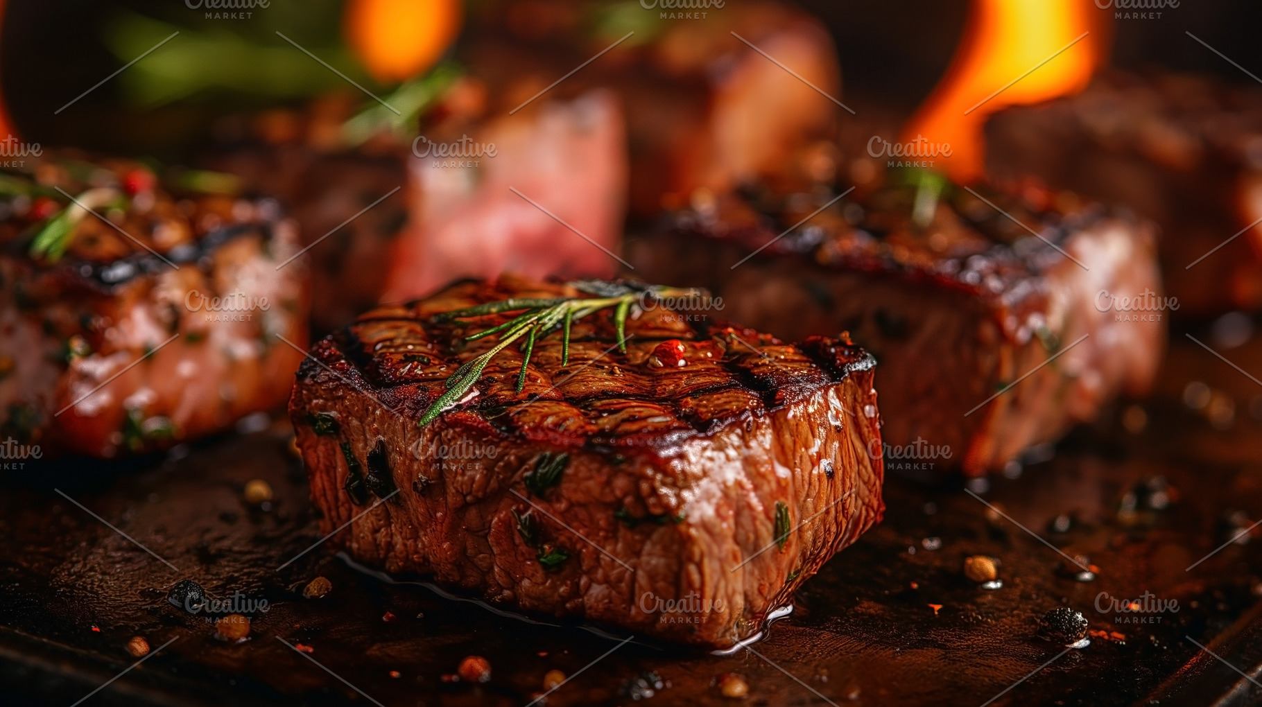 Juicy grilled steaks adorned with fresh herbs, showcasing mouthw, a Food & Drink Photo by ImageMir
