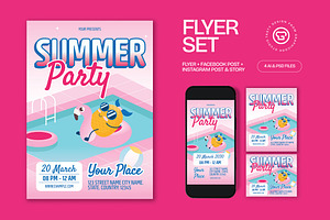 Pink Retro Summer Party Flyer Set, a Flyer Template by graphicook