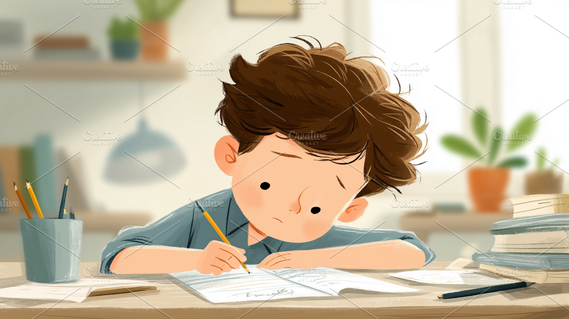 Young boy sitting at a desk, a School & Education Photo by MistyDay