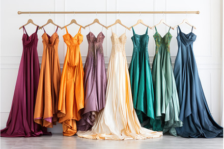 colorful evening gowns hanging on a, a Beauty & Fashion Photo by Sergey Kotenev