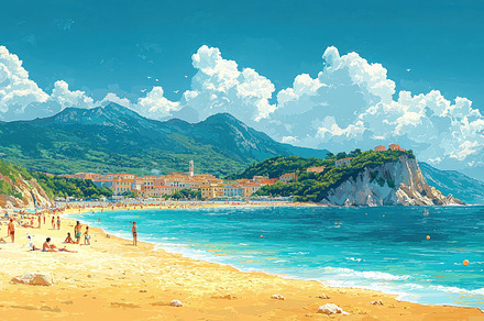 Golden sandy beach with turquoise water, coastal village, rocky, a Holiday Photo by José Manuel Gelpi