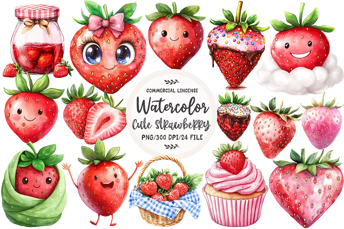 Watercolor Cute Strawberry Clipart, an Illustration by OK Design (Photo 1 of 5)