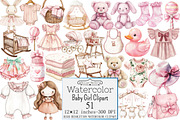 Watercolor Baby Girl Clipart, a Seasonal Illustration by Design Market (Thumbnail 1 of 5)