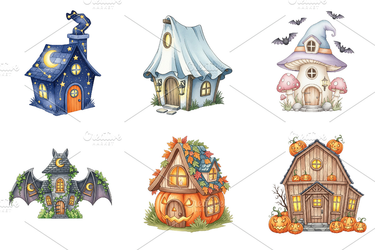 Cute Halloween Cottage Clipart, an Illustration by Watercolor design (Photo 3 of 4)