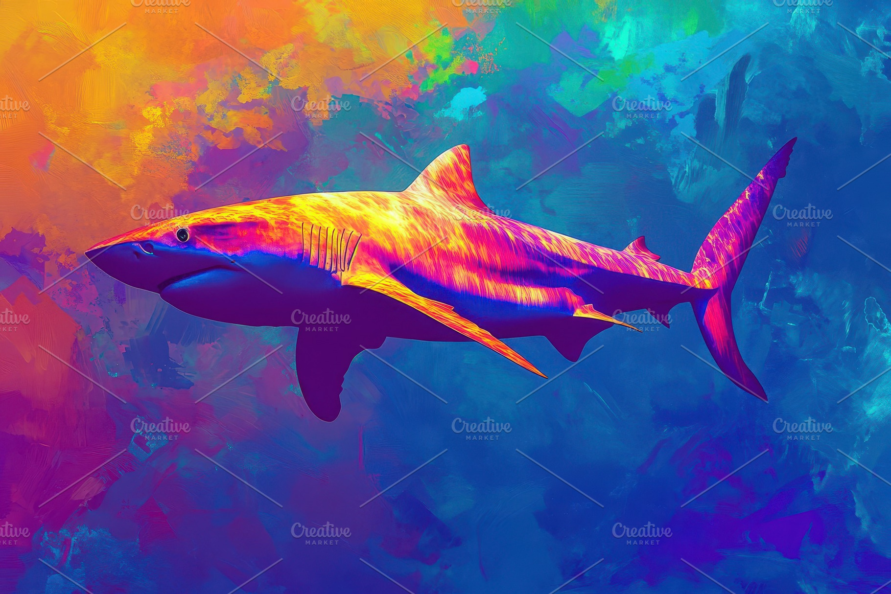 Shark swims through vibrant digital, a Photo by Iftikhar Alam