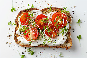 Sandwich with cream cheese, microgreens and tomatoes on white background, a Food & Drink Photo by AlyaAnd