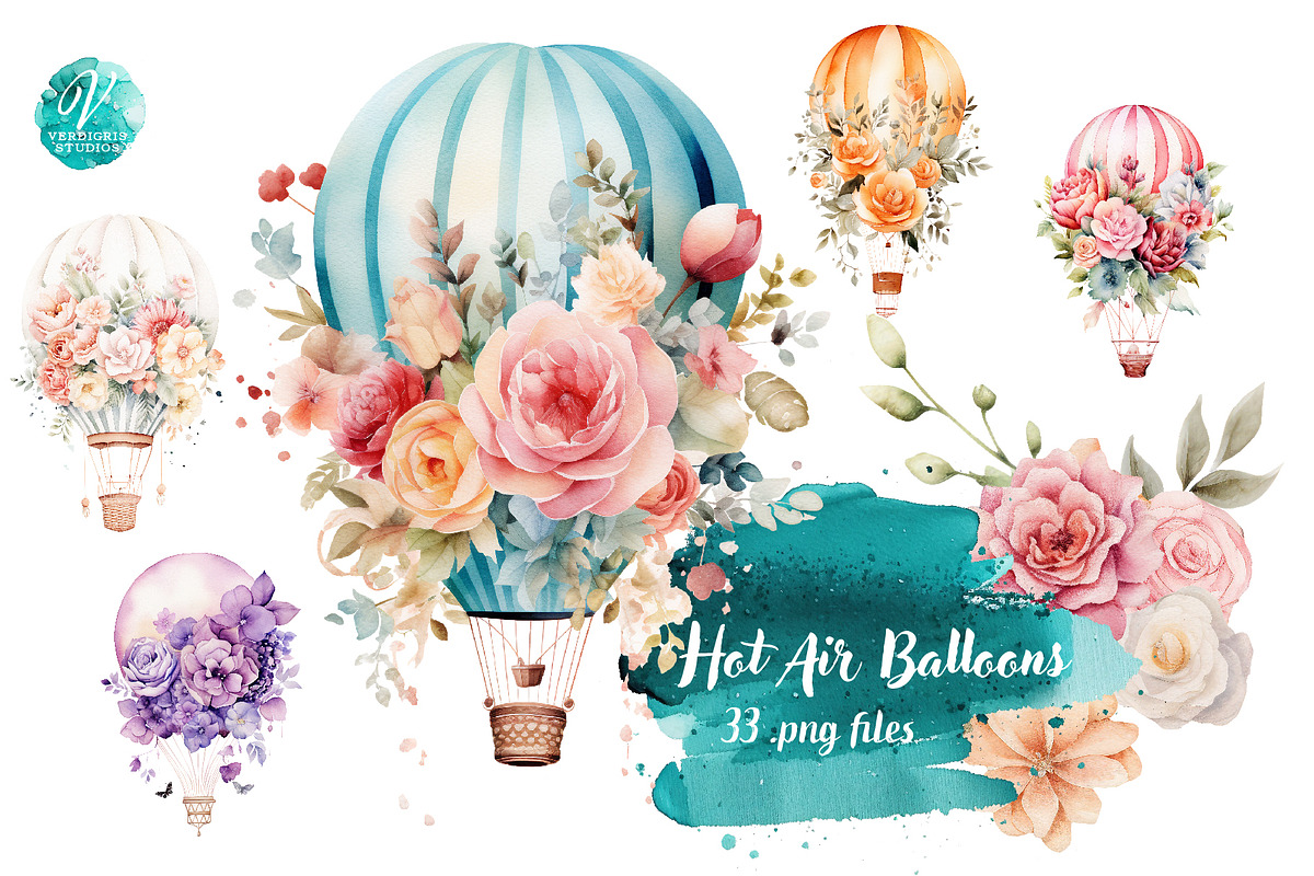 Watercolor Hot Air Balloons, an Object Illustration by Verdigris Studios (Photo 1 of 4)