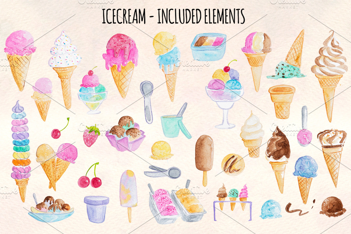 37 Icecreams Summer Watercolor Art, an Illustration by Violet LeBeaux (Photo 2 of 3)