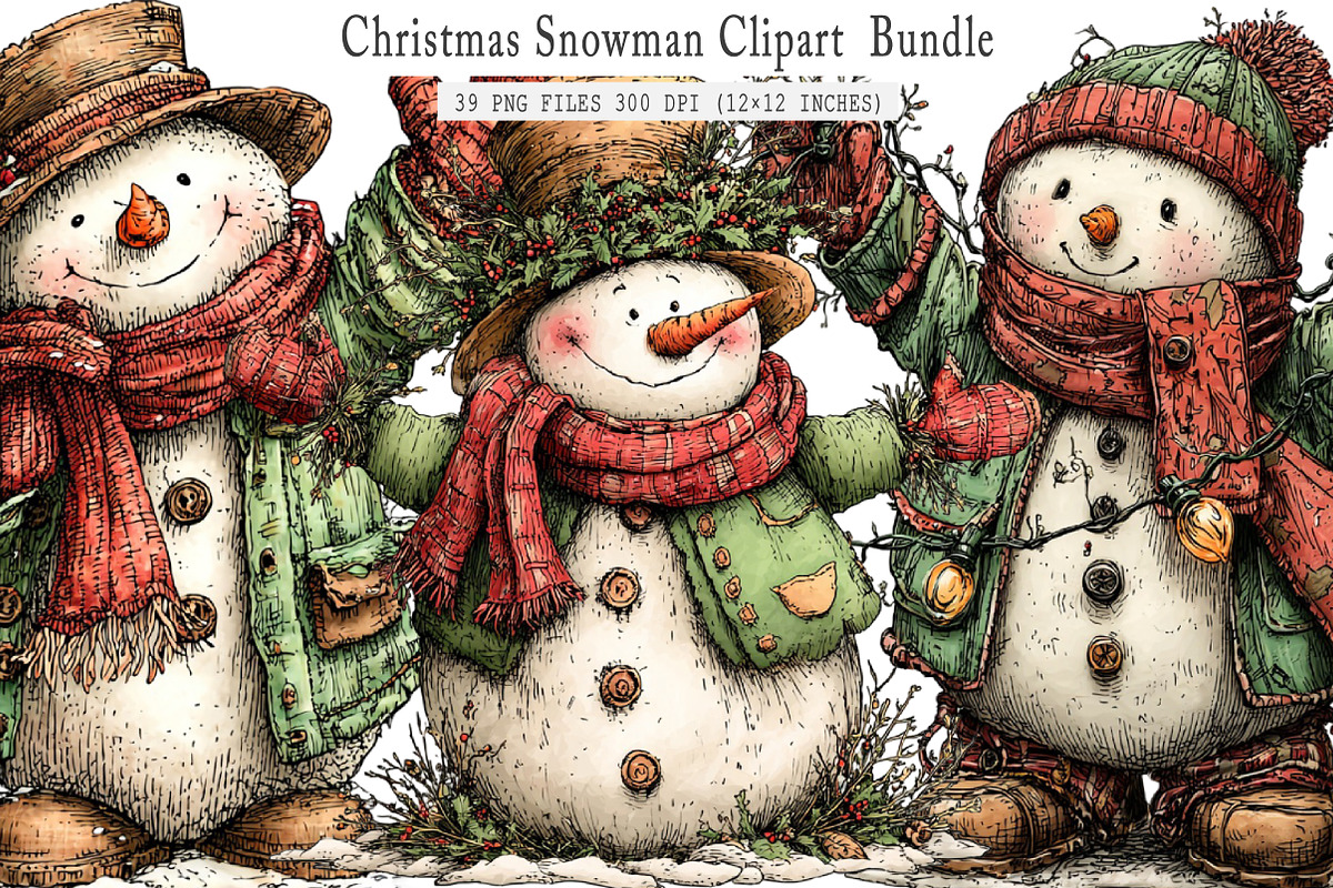 Whimsical Christmas Snowman Clipart, an Illustration by SinaCreation (Photo 1 of 6)