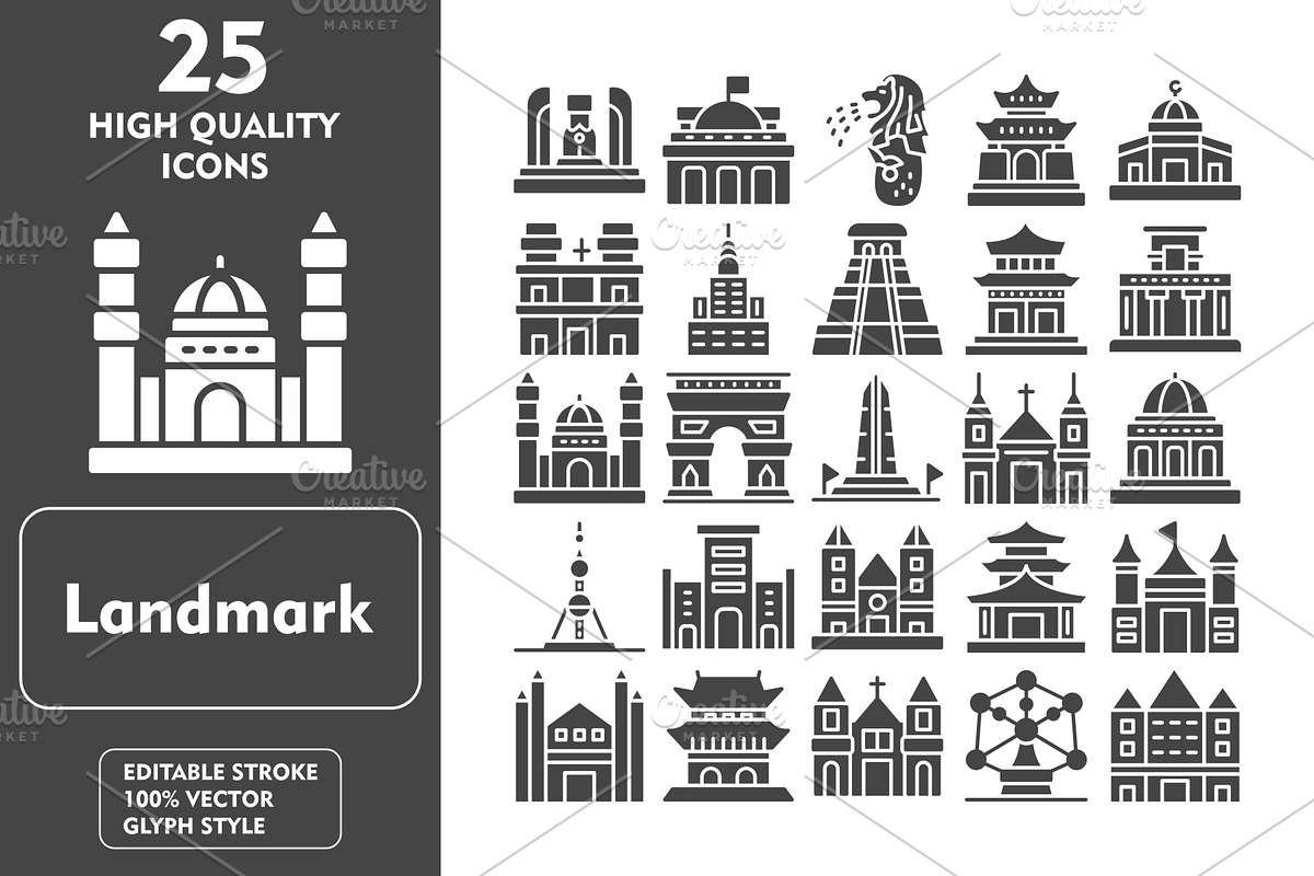25 Landmark Glyph Icons, an Icon by Pexelpy