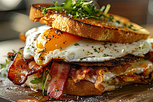 Croque Madame sandwich with bacon se, a Photo by LOGOCREATIVE