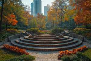 Scenic autumn park with layered seat, a Photo by Tanuart