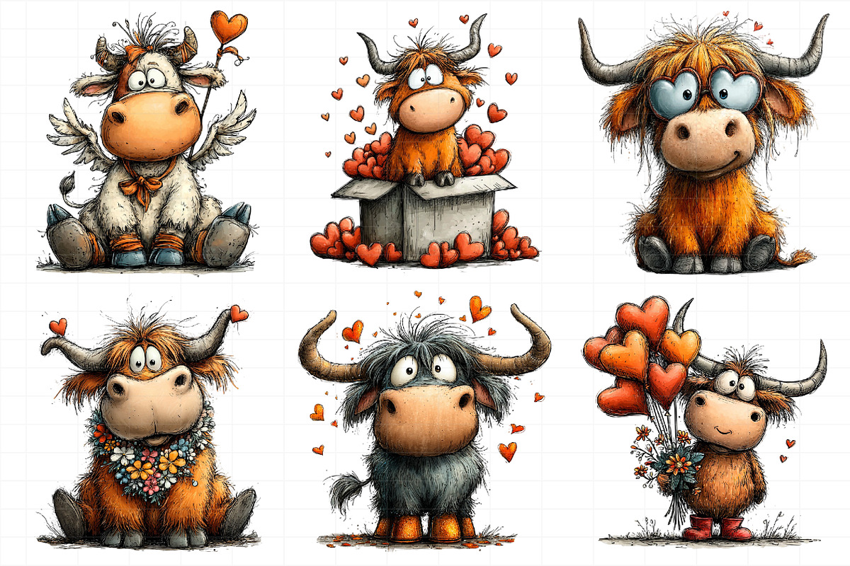 Quirky Valentine Highland Cow Clipar, an Illustration by Daily.Designs (Photo 6 of 8)