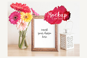 Wooden Frame & Flowers Mockup