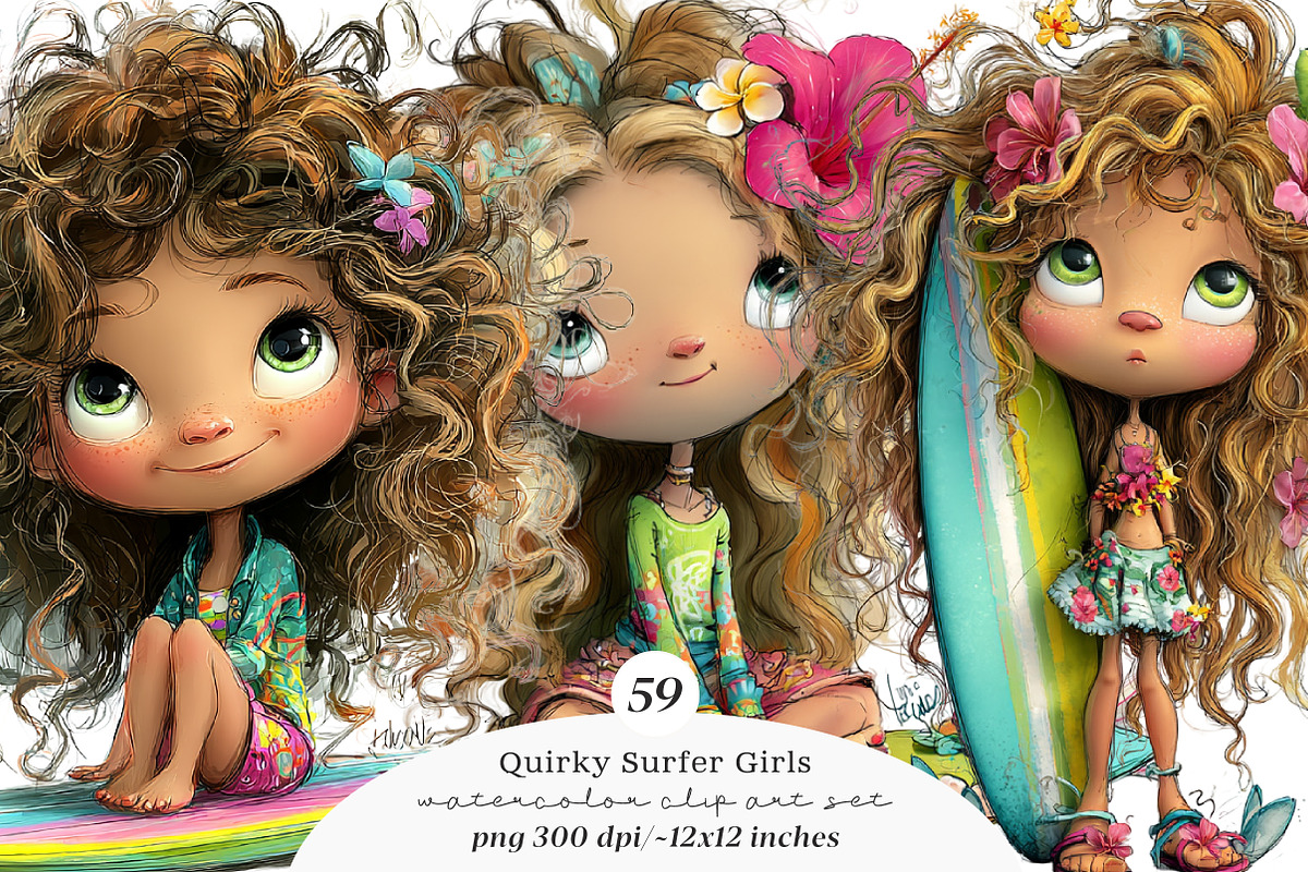 Quirky surfer girl clipart, an Illustration by SinaCreation (Photo 1 of 11)
