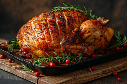 A beautifully roasted chicken, garnished with rosemary and festi, a Food & Drink Photo by ImageMir
