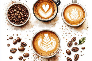 Latte art coffee beans watercolor pa, a Food & Drink Photo by Pixeness Studio