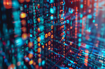 Colorful binary code cascades in bri, a Photo by Tanuart