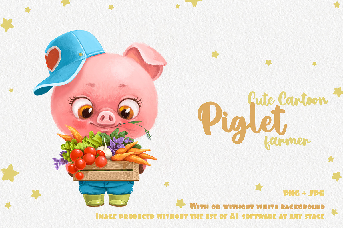 Piglet farmer with box of vegetables, an Animal Illustration by Azuzlikus (Photo 1 of 3)