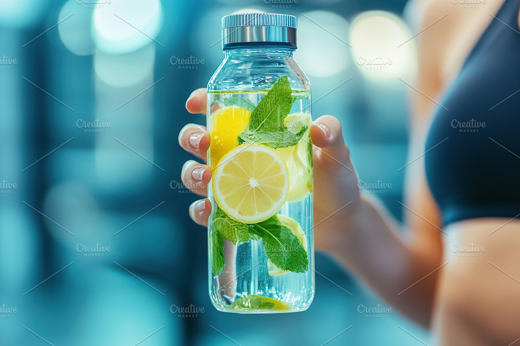 Refreshing lemon and mint infused water in a reusable transparent bottle during, a Food & Drink Photo by AlyaAnd