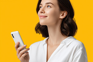 Smiling young woman holding a phone, a Technology Photo by MistyDay